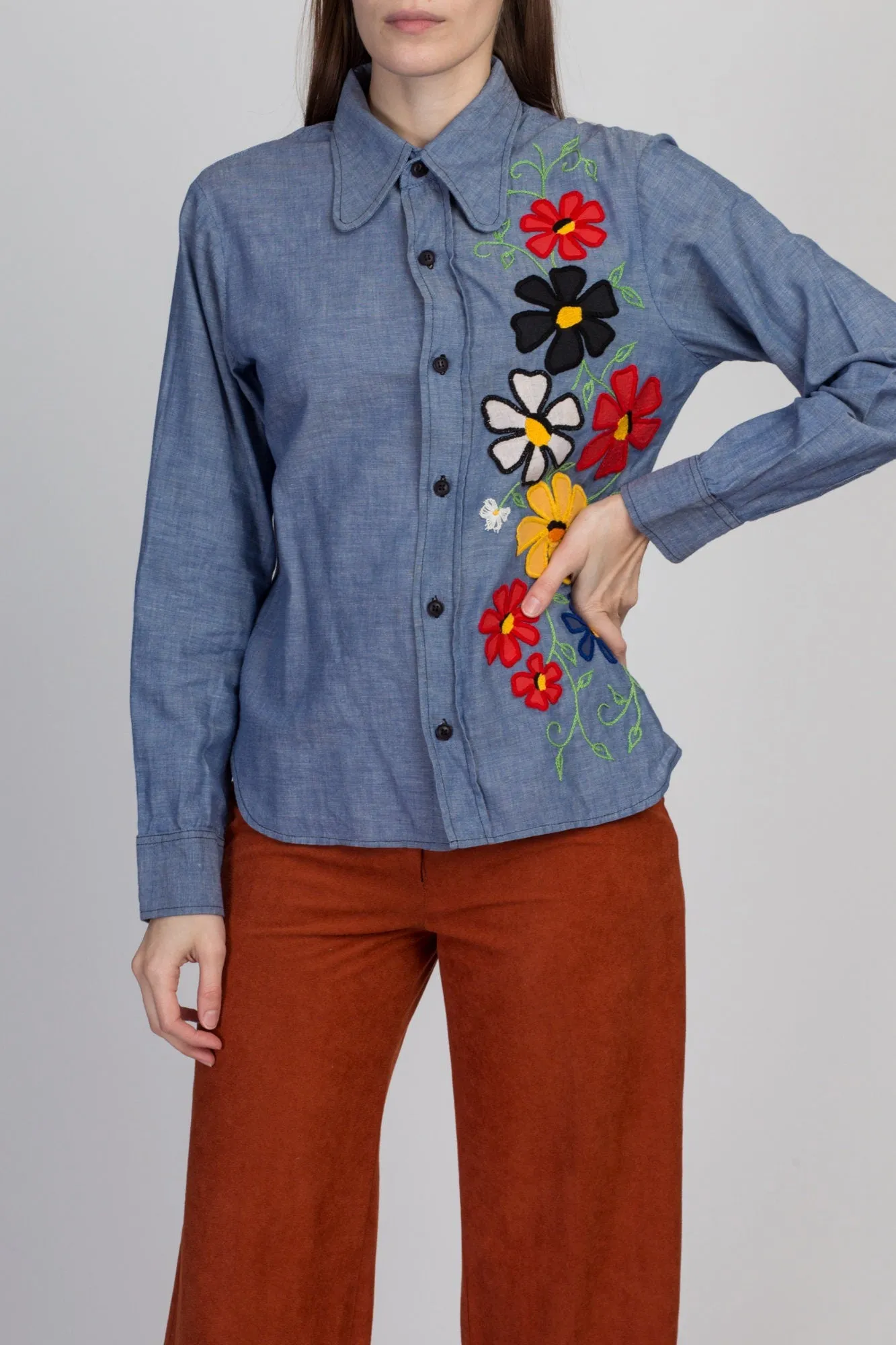 70s Boho Chambray Floral Embroidered Shirt - Medium