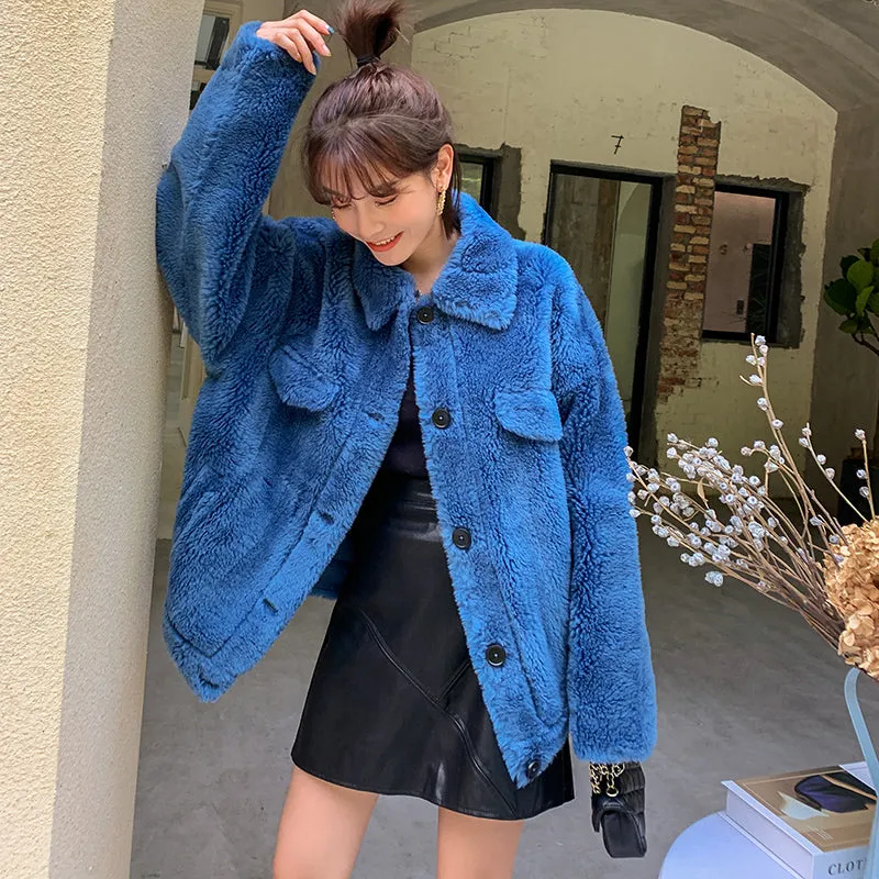 8GIRLS DESIGN TEDDY BUTTON UP COAT IN BLUE