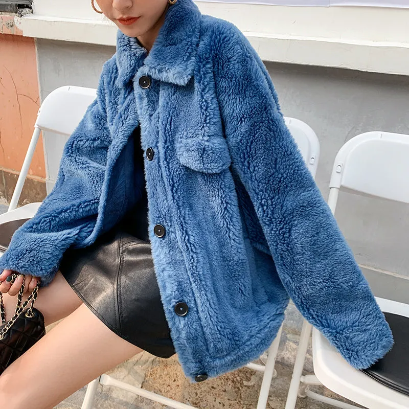 8GIRLS DESIGN TEDDY BUTTON UP COAT IN BLUE
