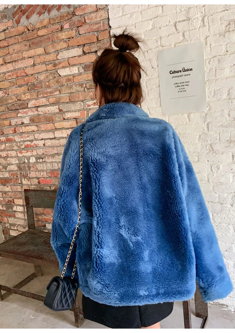 8GIRLS DESIGN TEDDY BUTTON UP COAT IN BLUE