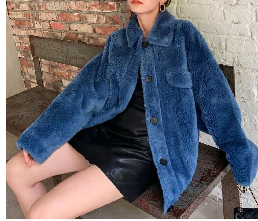 8GIRLS DESIGN TEDDY BUTTON UP COAT IN BLUE
