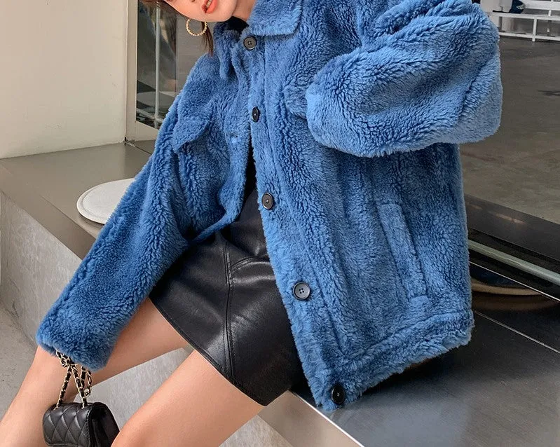 8GIRLS DESIGN TEDDY BUTTON UP COAT IN BLUE