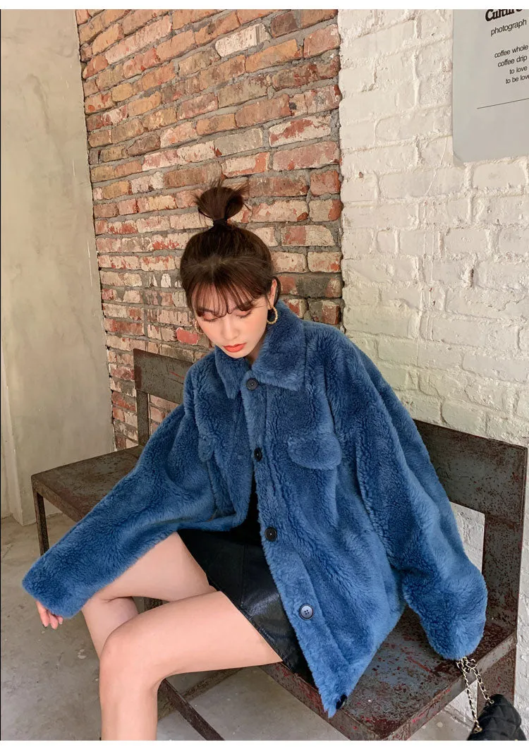 8GIRLS DESIGN TEDDY BUTTON UP COAT IN BLUE