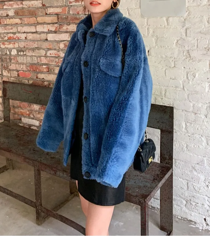 8GIRLS DESIGN TEDDY BUTTON UP COAT IN BLUE