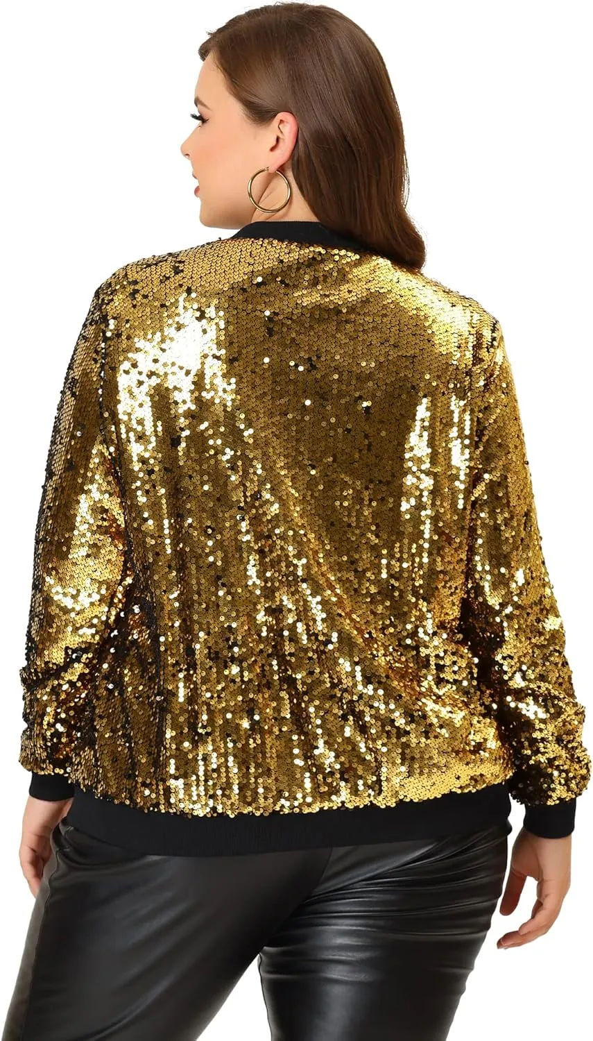 Agnes Orinda Plus Size Metallic Jacket for Women Sparkle Party 2024 Sequin Bomber Jackets