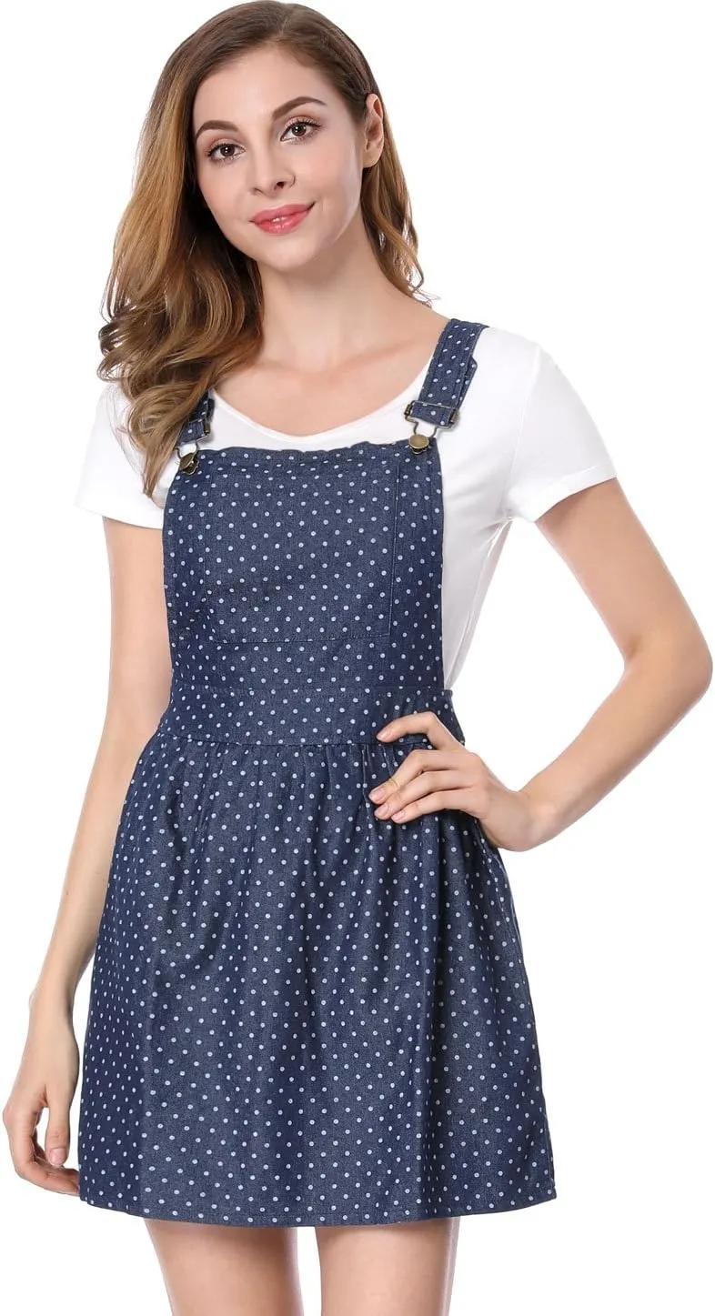 Allegra K Women's Chambray Overall Minidress Peasant Casual Suspender Straps Pantern Pinafore Dress