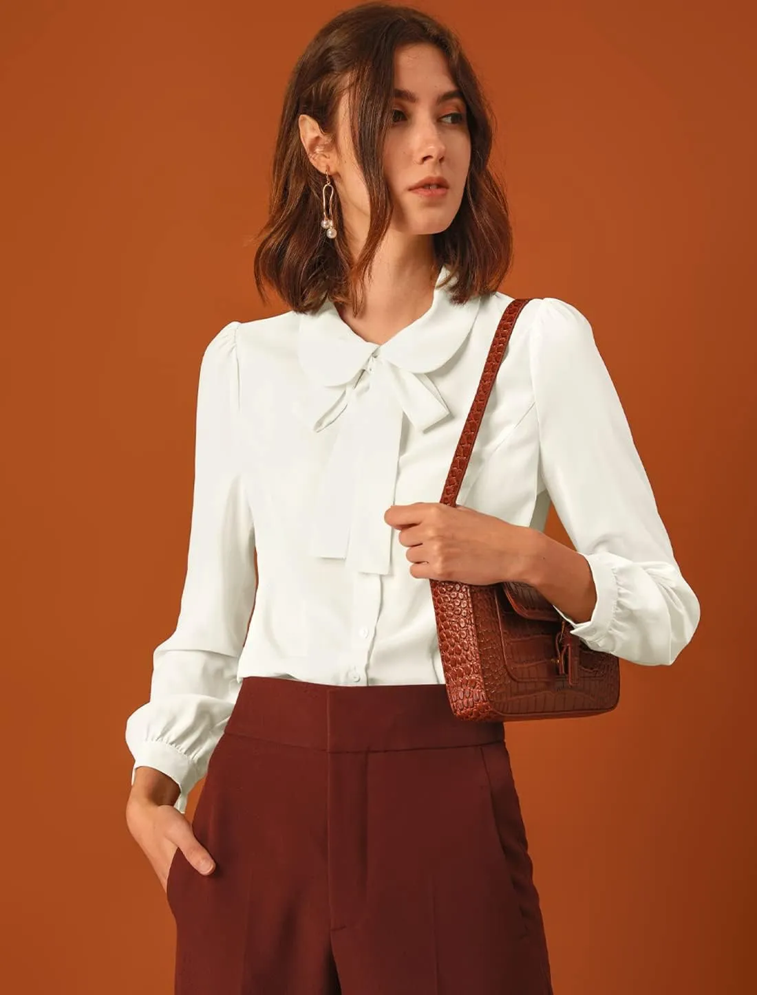 Allegra K Women's Peter Pan Collar Blouse Bow Tie Neck Vintage Button Up Shirt