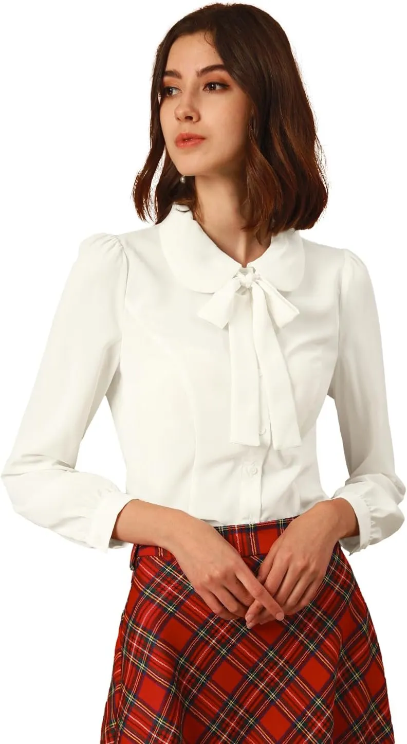 Allegra K Women's Peter Pan Collar Blouse Bow Tie Neck Vintage Button Up Shirt