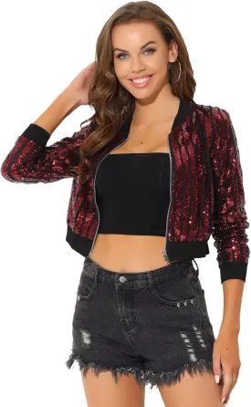 Allegra K Women's Sequin Long Sleeve Shiny Party Zip-Up Bomber Cropped Jacket