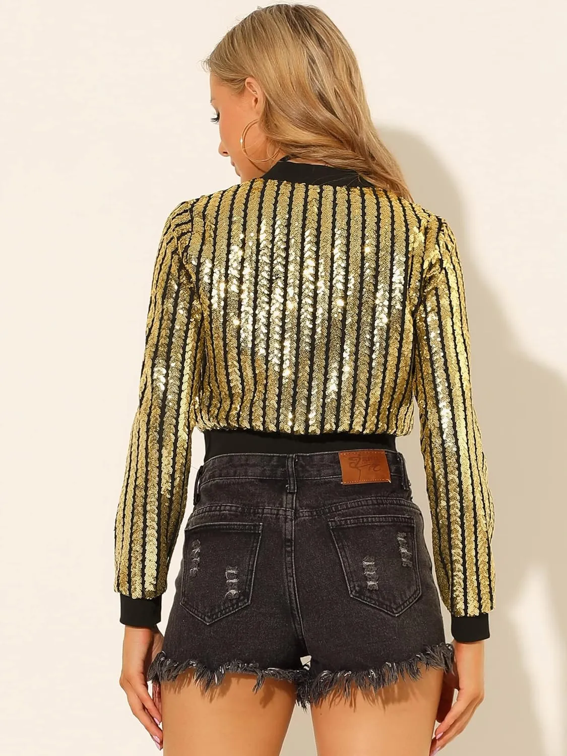 Allegra K Women's Sequin Long Sleeve Shiny Party Zip-Up Bomber Cropped Jacket