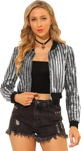 Allegra K Women's Sequin Long Sleeve Shiny Party Zip-Up Bomber Cropped Jacket