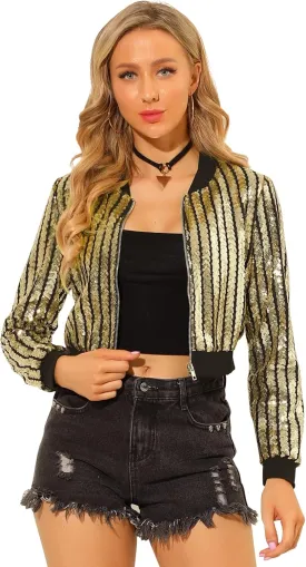 Allegra K Women's Sequin Long Sleeve Shiny Party Zip-Up Bomber Cropped Jacket