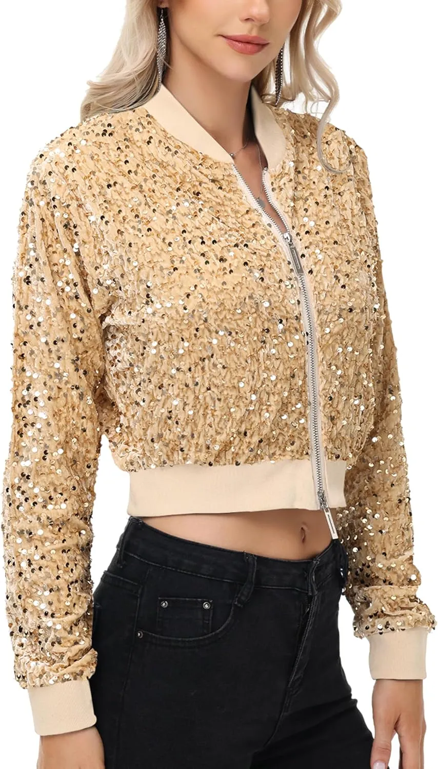 Anna-Kaci Women's Sparkly Sequin Jacket Cropped Two-Way-Zipper Glitter Party Club Bomber Jacket
