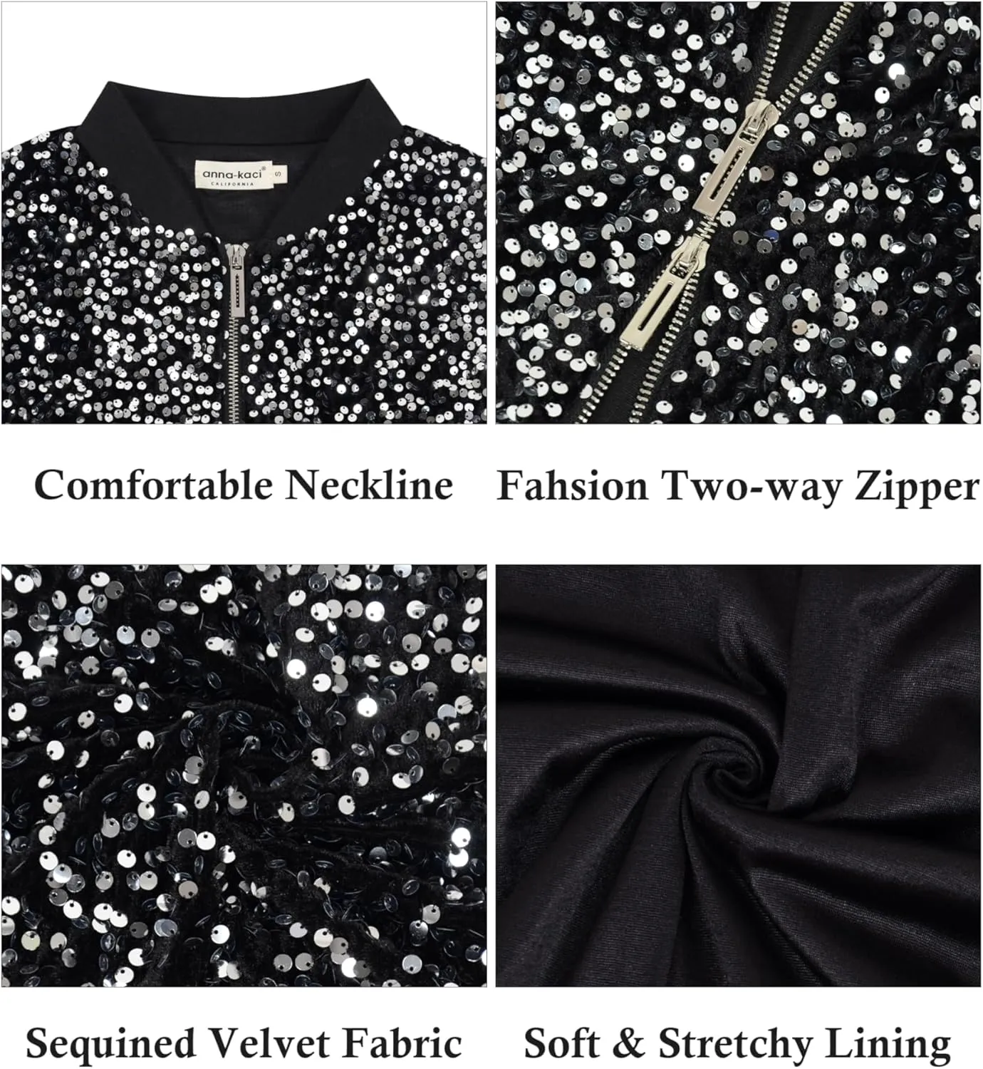 Anna-Kaci Women's Sparkly Sequin Jacket Cropped Two-Way-Zipper Glitter Party Club Bomber Jacket