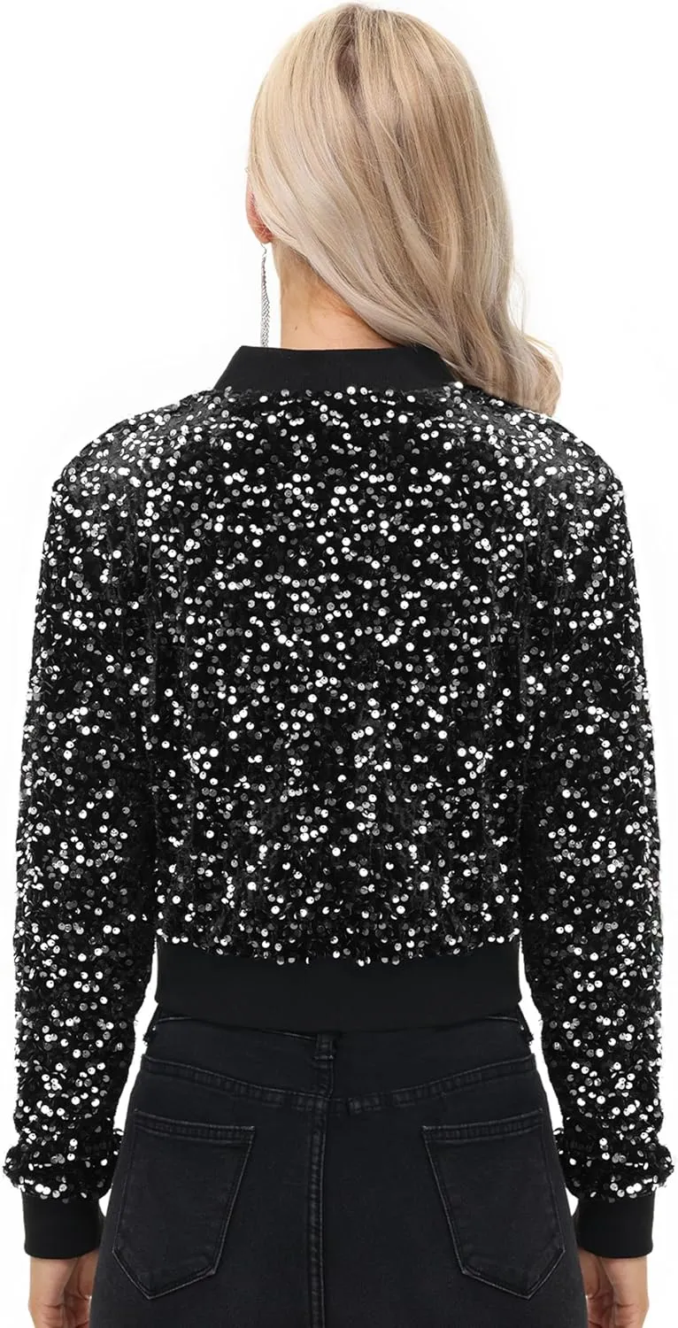 Anna-Kaci Women's Sparkly Sequin Jacket Cropped Two-Way-Zipper Glitter Party Club Bomber Jacket