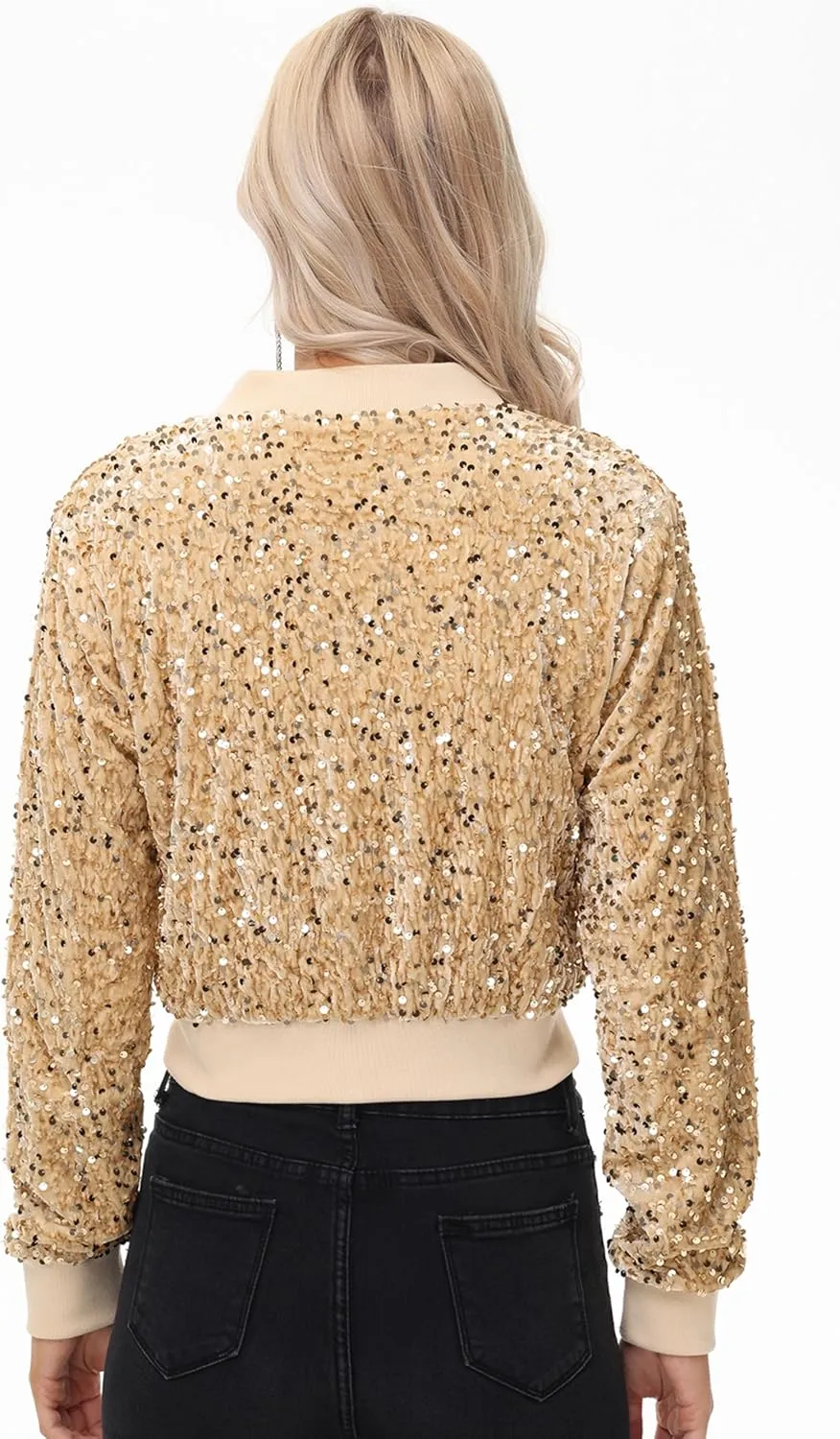 Anna-Kaci Women's Sparkly Sequin Jacket Cropped Two-Way-Zipper Glitter Party Club Bomber Jacket