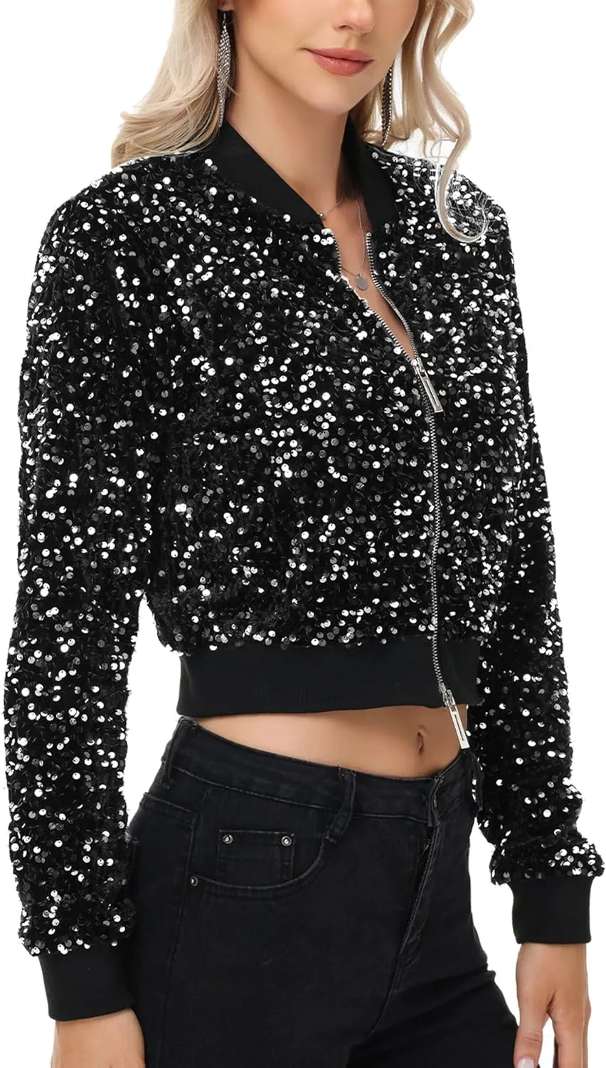 Anna-Kaci Women's Sparkly Sequin Jacket Cropped Two-Way-Zipper Glitter Party Club Bomber Jacket
