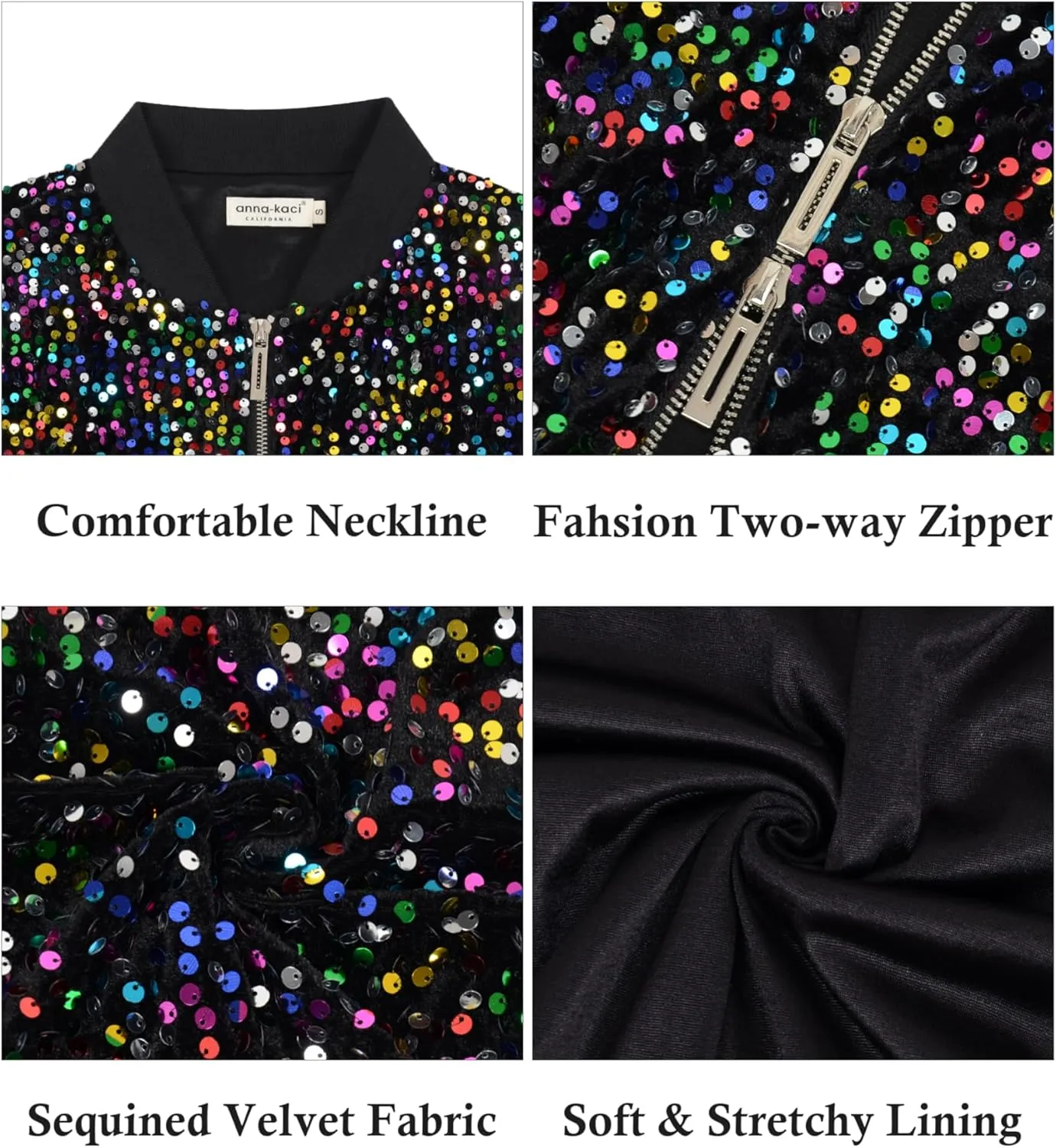 Anna-Kaci Women's Sparkly Sequin Jacket Cropped Two-Way-Zipper Glitter Party Club Bomber Jacket