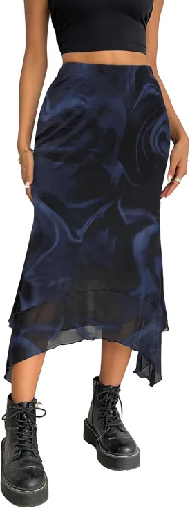 Avanova Women Mesh Asymmetrical Mermaid Midi Skirt High Waist Fishtail Long Skirt