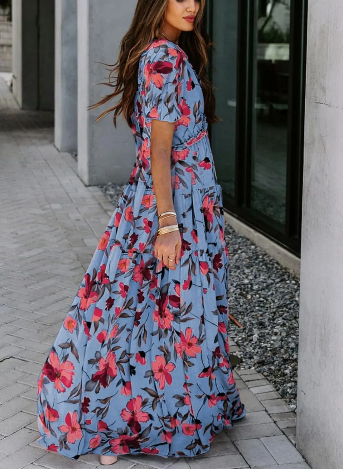 BLENCOT Womens Casual Boho Floral Printed V Neck Short Sleeve Long Evening Dress Ruched Cocktail Party Maxi Wedding Dress
