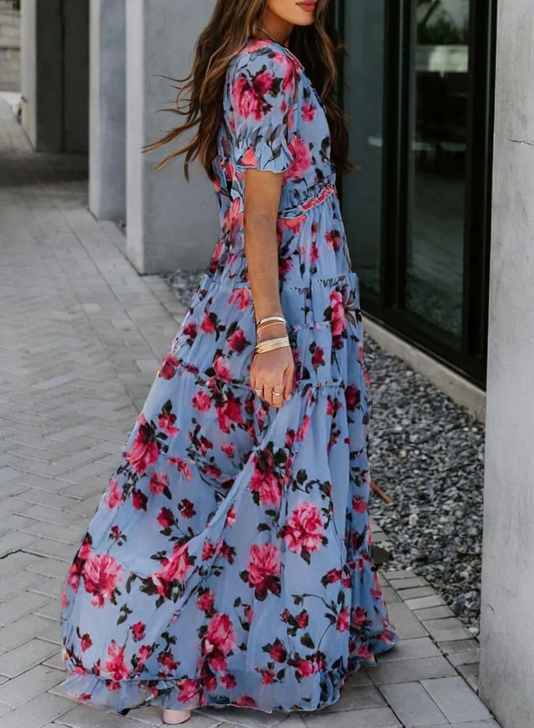 BLENCOT Womens Casual Boho Floral Printed V Neck Short Sleeve Long Evening Dress Ruched Cocktail Party Maxi Wedding Dress