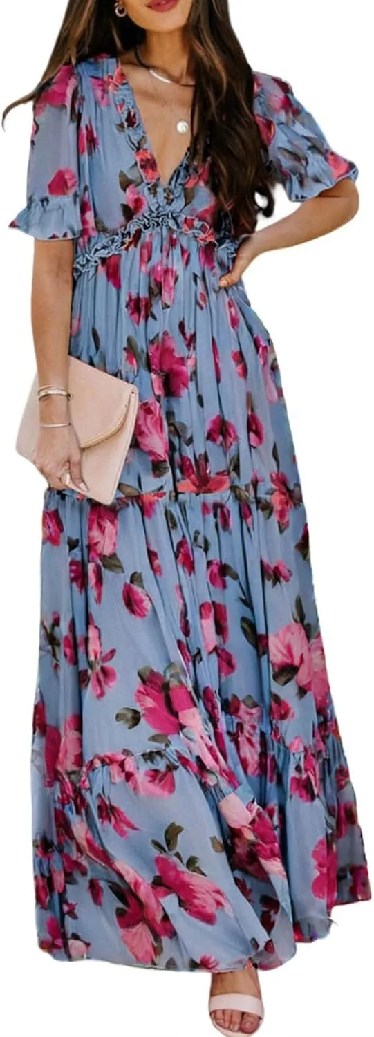 BLENCOT Womens Casual Boho Floral Printed V Neck Short Sleeve Long Evening Dress Ruched Cocktail Party Maxi Wedding Dress