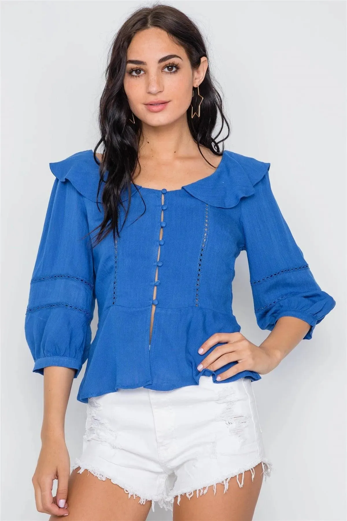 Blue Crochet Trim Button Down Boho Top /2-2-2