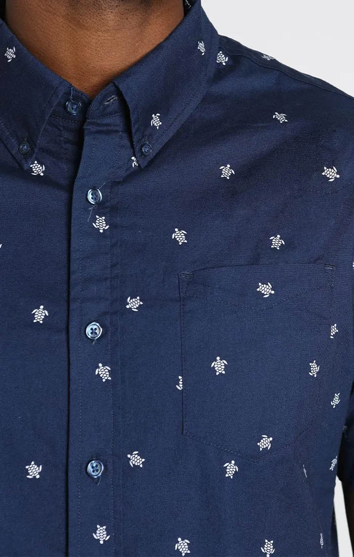 Blue Turtle Print Short Sleeve Oxford Shirt