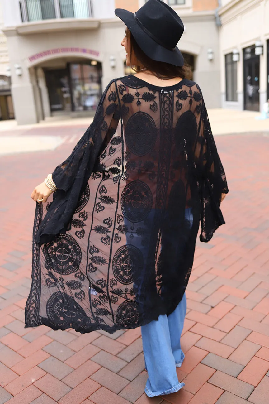 Boho Babe Bell Sleeve Lace Kimono Duster - Black