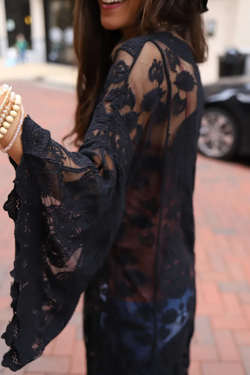Boho Babe Bell Sleeve Lace Kimono Duster - Black