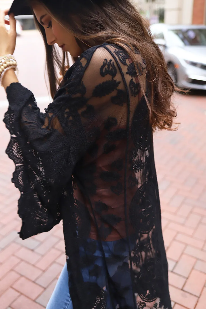 Boho Babe Bell Sleeve Lace Kimono Duster - Black