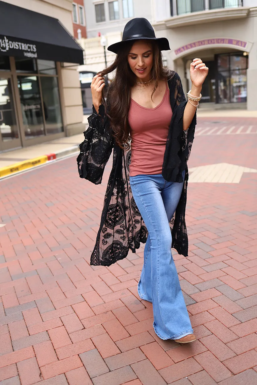 Boho Babe Bell Sleeve Lace Kimono Duster - Black