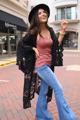 Boho Babe Bell Sleeve Lace Kimono Duster - Black