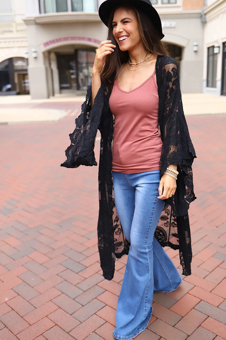 Boho Babe Bell Sleeve Lace Kimono Duster - Black