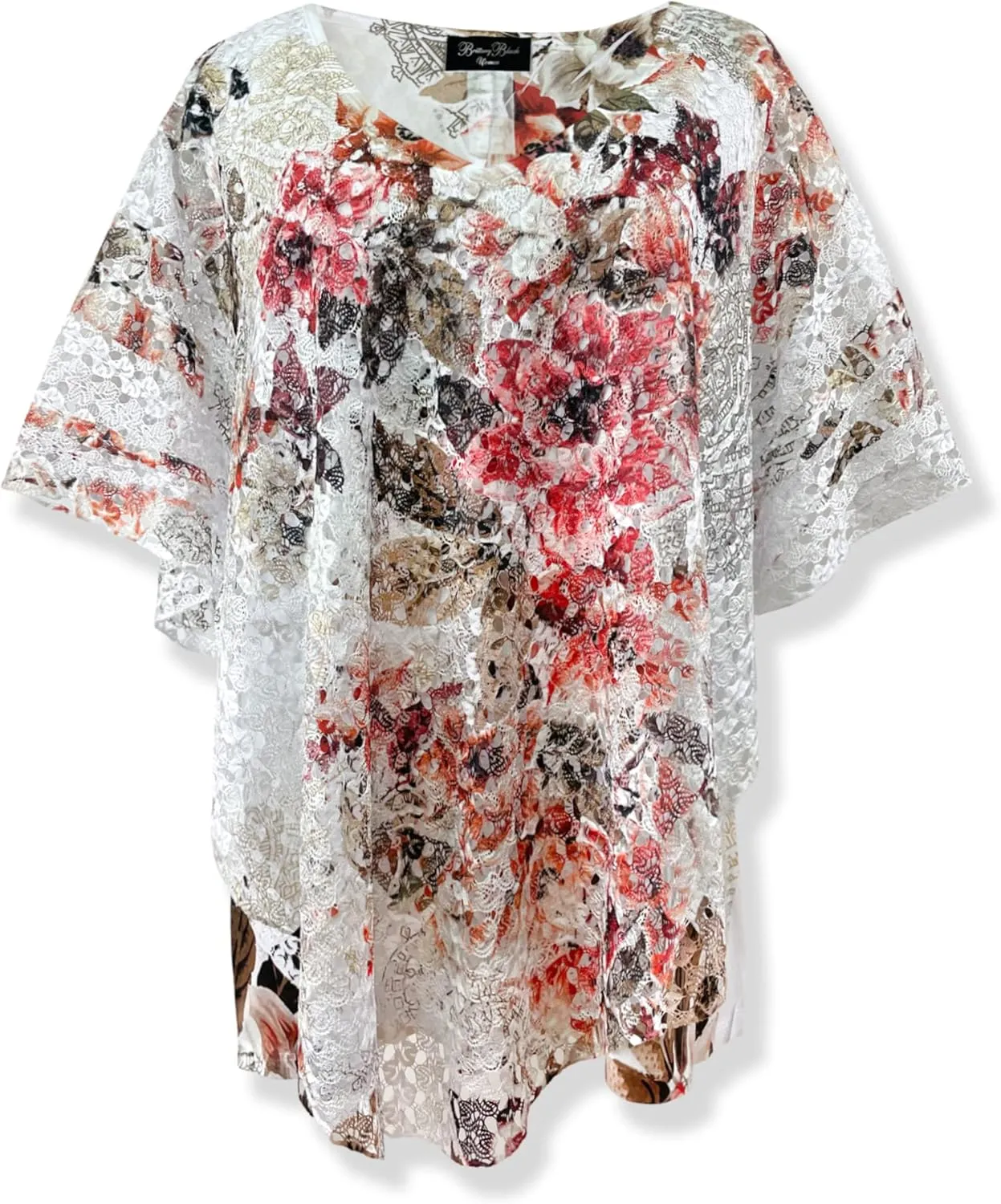 Brittany Black Womens V-Neck 3/4 Sleeve Lace Poncho Floral Print Knit Blouse