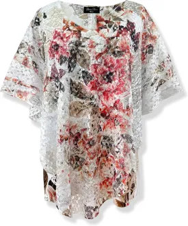 Brittany Black Womens V-Neck 3/4 Sleeve Lace Poncho Floral Print Knit Blouse
