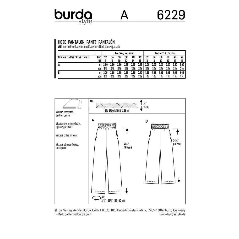 BURDA - 6229 Trousers/Pants with Elastic Waist