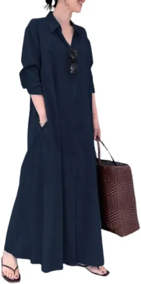 chouyatou Women's Basic Loose Fit Long Sleeve Button Up Maxi Shirt Dress with Pockets