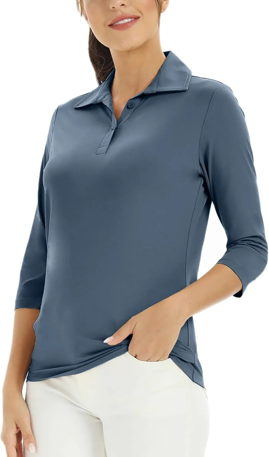 Corna Women's Soft 3/4 Sleeve V Neck Golf Shirt Mositure Wicking Performance Sports Polo Shirt Office Work Tops for Women