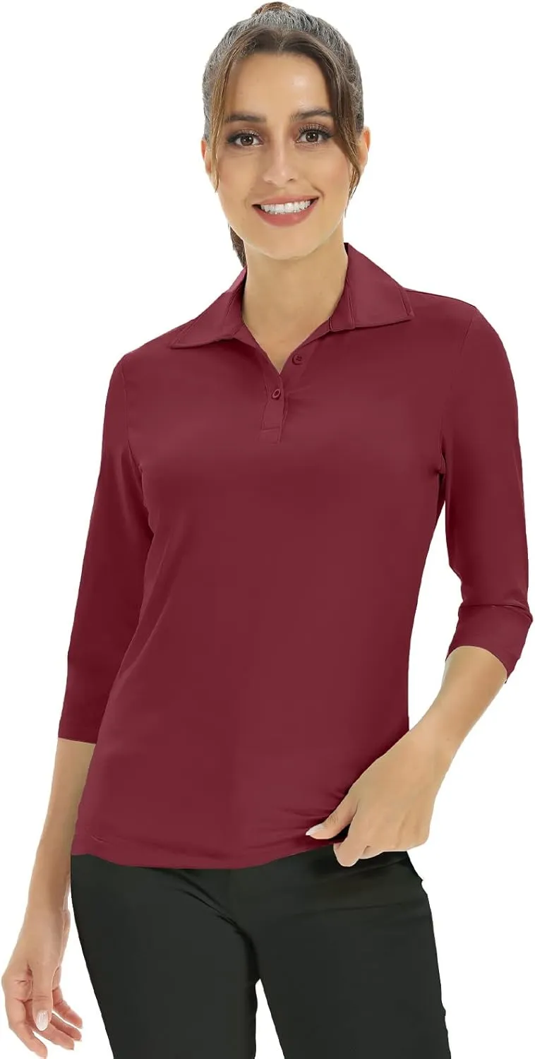 Corna Women's Soft 3/4 Sleeve V Neck Golf Shirt Mositure Wicking Performance Sports Polo Shirt Office Work Tops for Women