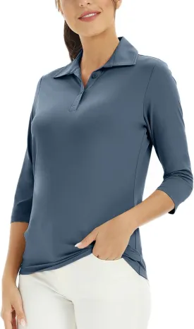 Corna Women's Soft 3/4 Sleeve V Neck Golf Shirt Mositure Wicking Performance Sports Polo Shirt Office Work Tops for Women