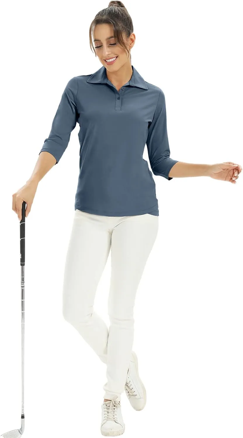 Corna Women's Soft 3/4 Sleeve V Neck Golf Shirt Mositure Wicking Performance Sports Polo Shirt Office Work Tops for Women