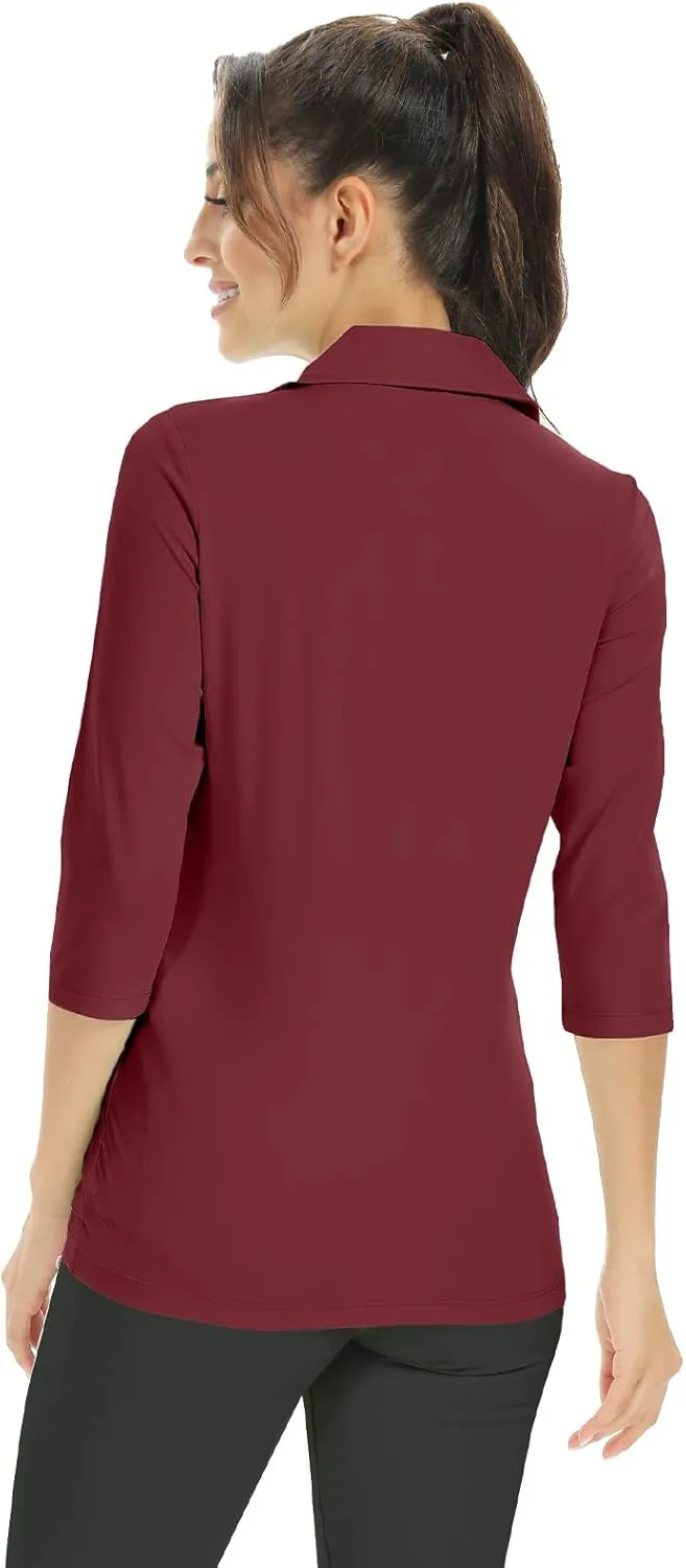 Corna Women's Soft 3/4 Sleeve V Neck Golf Shirt Mositure Wicking Performance Sports Polo Shirt Office Work Tops for Women