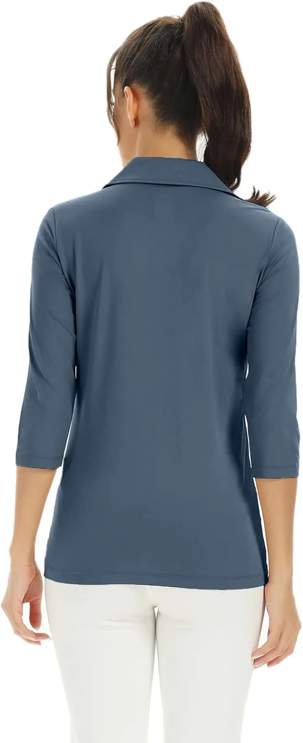Corna Women's Soft 3/4 Sleeve V Neck Golf Shirt Mositure Wicking Performance Sports Polo Shirt Office Work Tops for Women