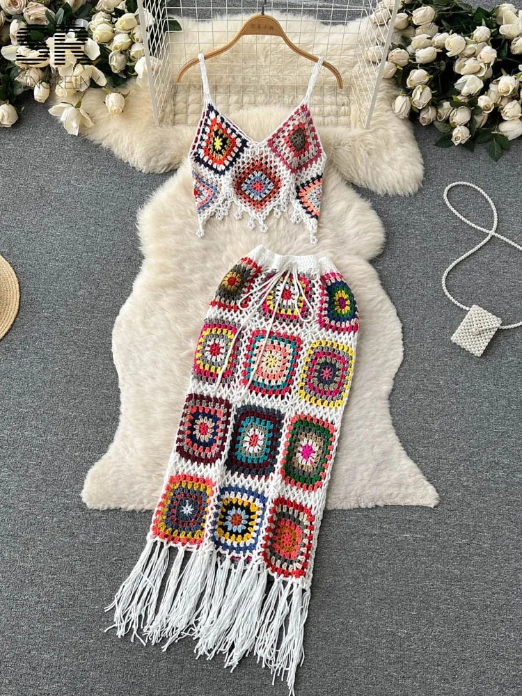 Crochet Crop Top & Skirt Co Ord Set
