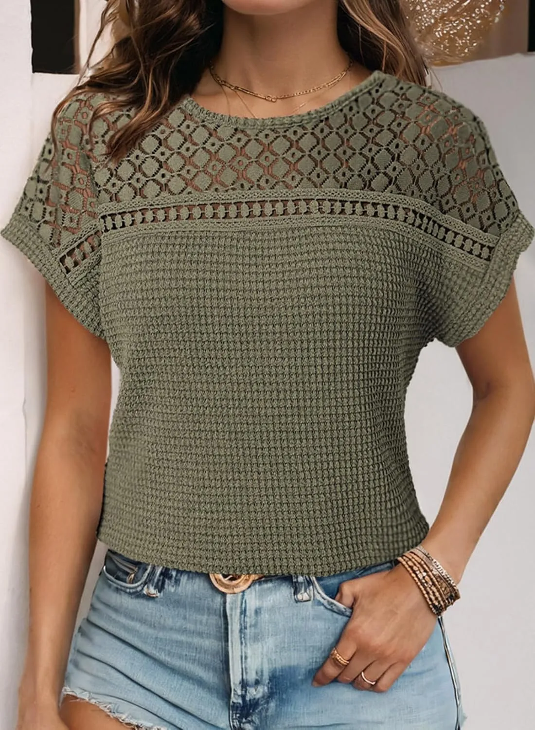 Dokotoo Women's Tops Casual Scoop Neck Short Sleeve Waffle Knit Hollow Out Shirts Loose Tunic Tops Blouses
