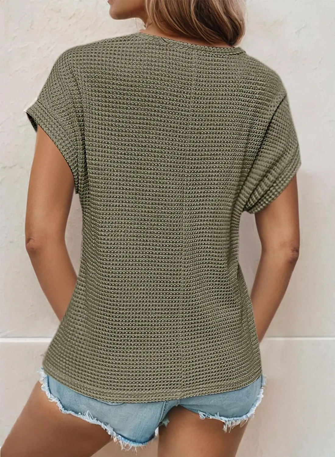 Dokotoo Women's Tops Casual Scoop Neck Short Sleeve Waffle Knit Hollow Out Shirts Loose Tunic Tops Blouses