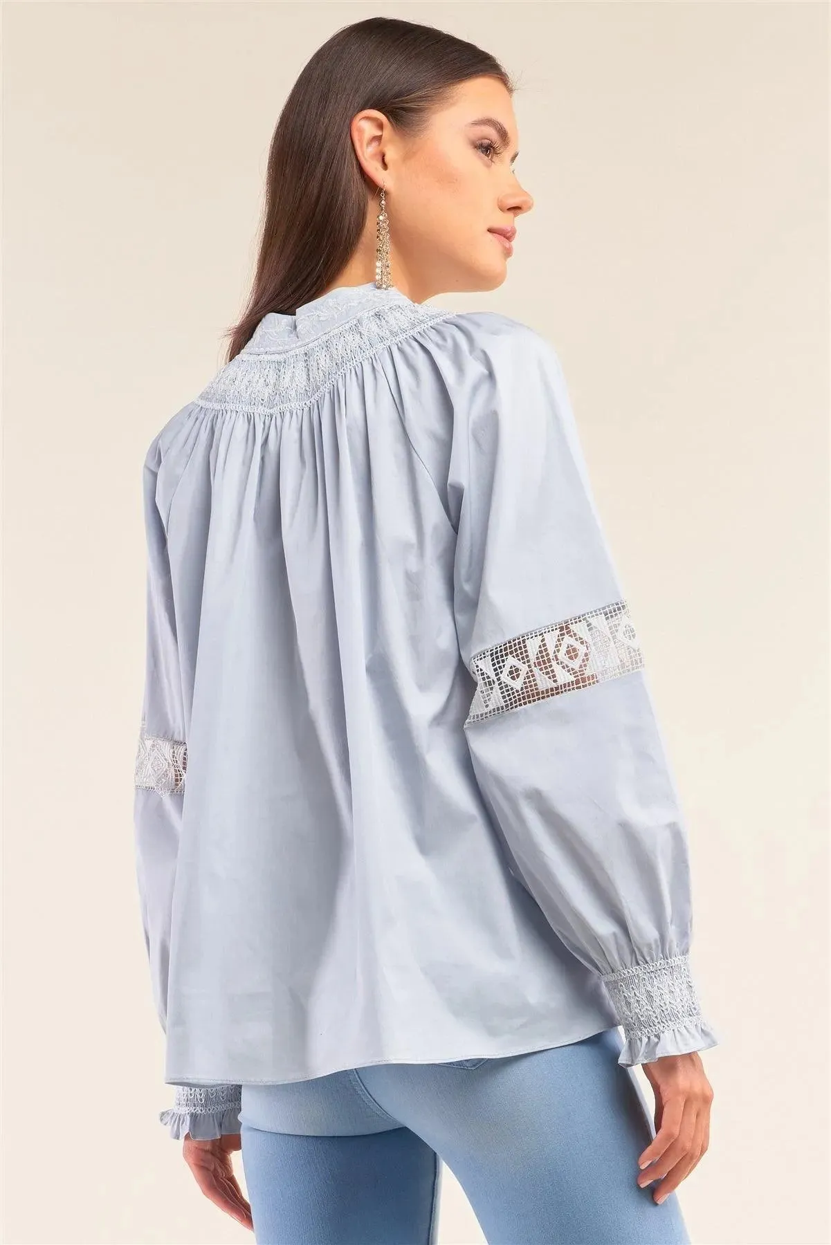 Dreamy Blue Slavic Inspired Crochet Embroidery Detail Long Balloon Sleeve Tassel Draw String Tie Loose Fit Blouse /1-2-2-1