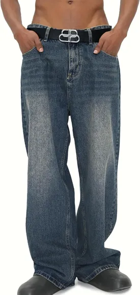EMMIOL Mens Baggy Hip Hop Jeans Y2k Casual Wide Leg Pants Loose Fit Denim Skater Vintage Streetwear 90s