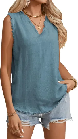 Famulily Womens Sleeveless Ruffled V Neck Tops Summer Linen Tank Tops Solid Color Raw Edge Hem Camisoles